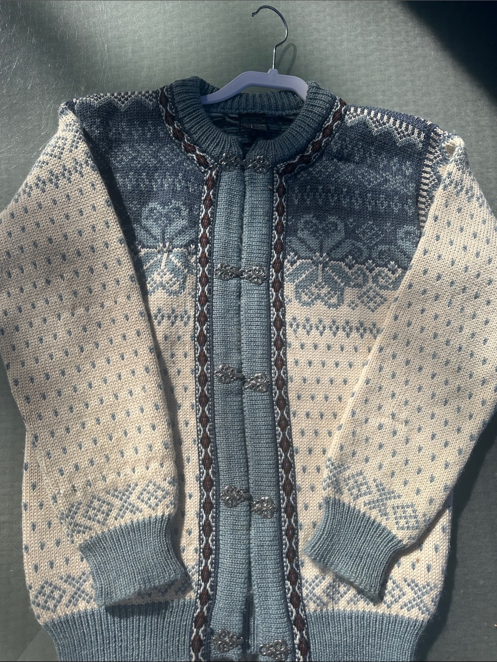 Dale of Norway Blue & Cream Fair Isle Wool Cardigan with Silver Clasps